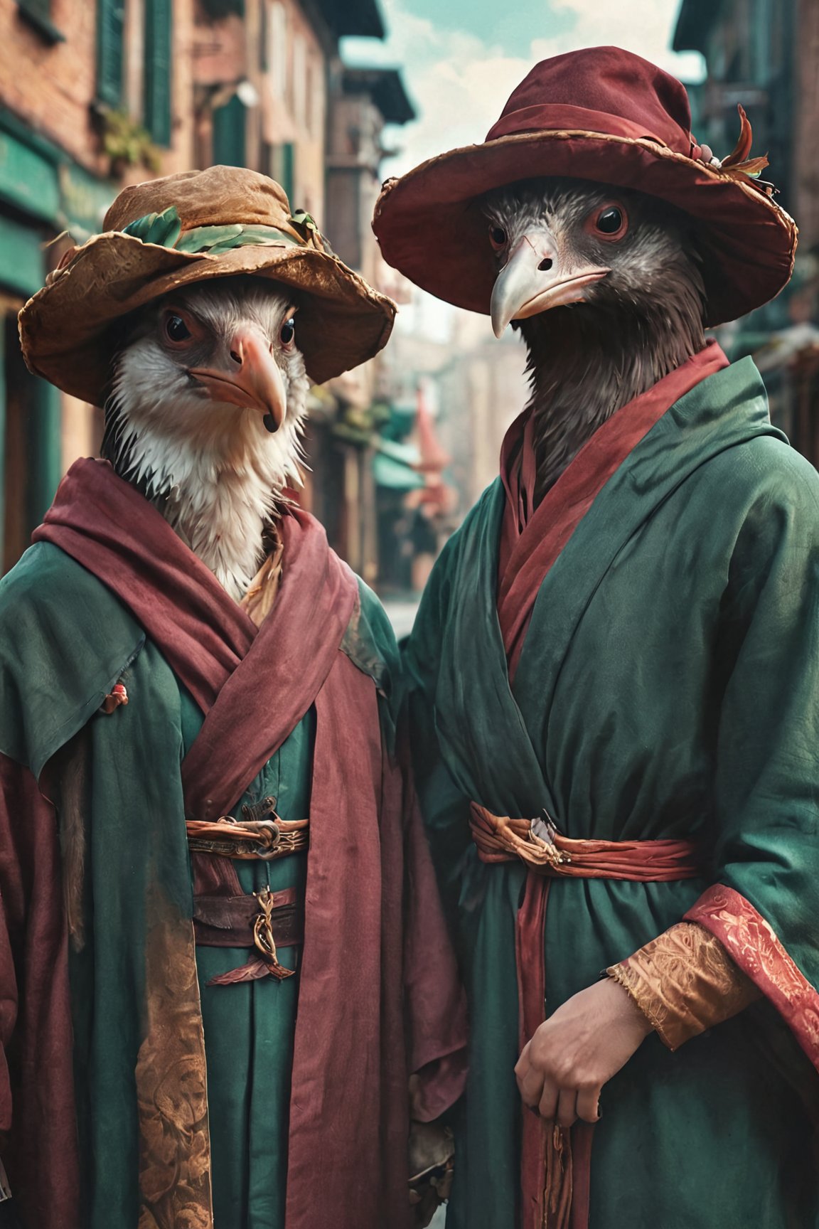 a picture of two people, wearing cloth hats and robes, in the style of realistic animal portraits, unreal engine, neo-renaissance, maroon and emerald, avian-themed, city portraits, charming characters, <lora:MJ52:0.3>