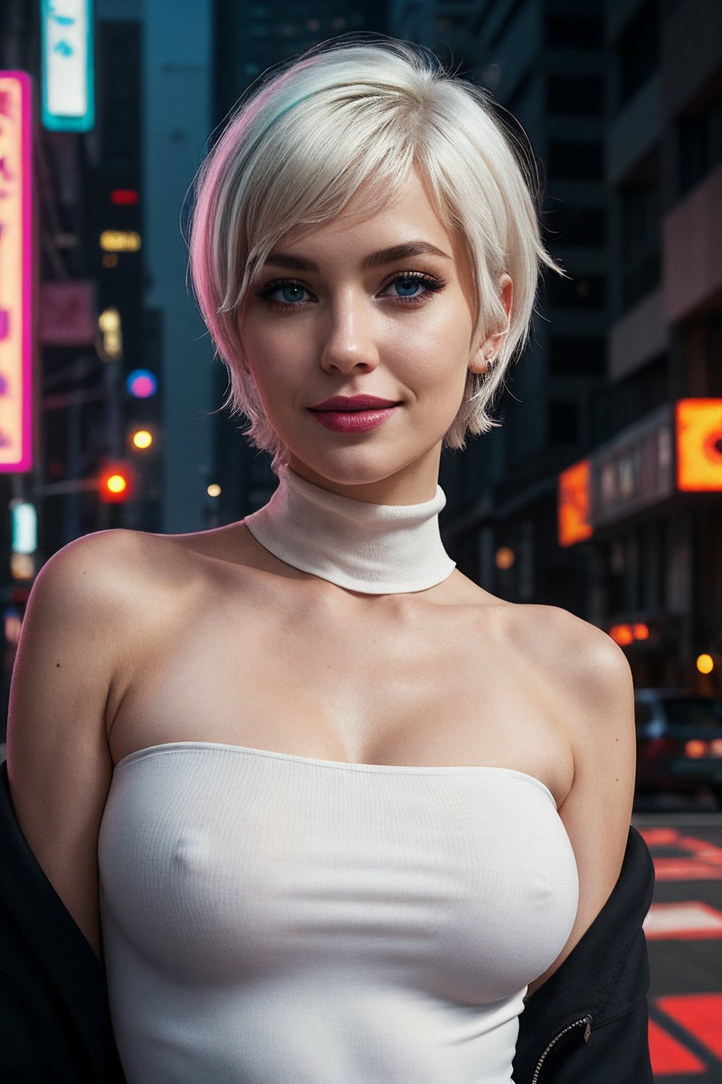 Best quality, masterpiece, ultra high res, (photorealistic:1.4),  raw photo, cyberpunk edgerunners,1girl,solo, lucy \(cyberpunk\), bare shoulders, blue eyes, breasts, leotard, outdoor, looking at viewer, smile, medium breasts, off-shoulder jacket, off shoulder, red eyeliner, short hair, sleeveless turtleneck leotard, solo, turtleneck leotard, white hair, ((masterpiece)), cyberpunk,  neon trim, street, white hair,