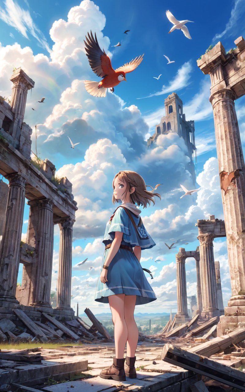 highres,best quality,girl, bird, cloud, cloudy sky, outdoors, ruins, scenery, sky