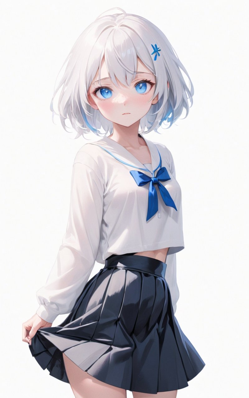 highres,best quality,girl, blue eyes, closed mouth, looking at viewer, medium hair, simple background, skirt, solo, white background, white hair