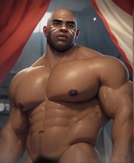 d00m, (big pecs:1.1) , bald, portrait, closeup, low angle, male nipples, male focus, pubic hair BREAK score_9, score_8_up, score_7_up, score_6_up, score_5_up, score_4_up <lora:owmale_12r:1>