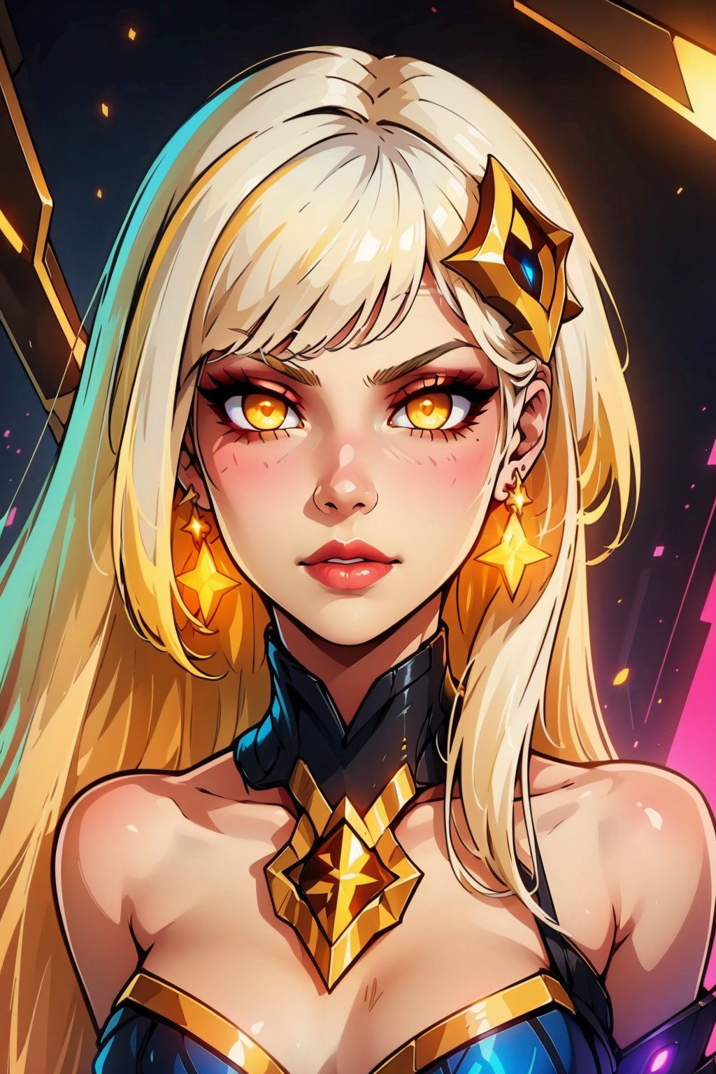 1girl, solo, long hair, breasts, looking at viewer, bangs, blonde hair, hair ornament, jewelry, yellow eyes, white hair, earrings, shiny, artist name, shiny hair, makeup, glowing, glowing eyes, red lips, k/da \(league of legends\)