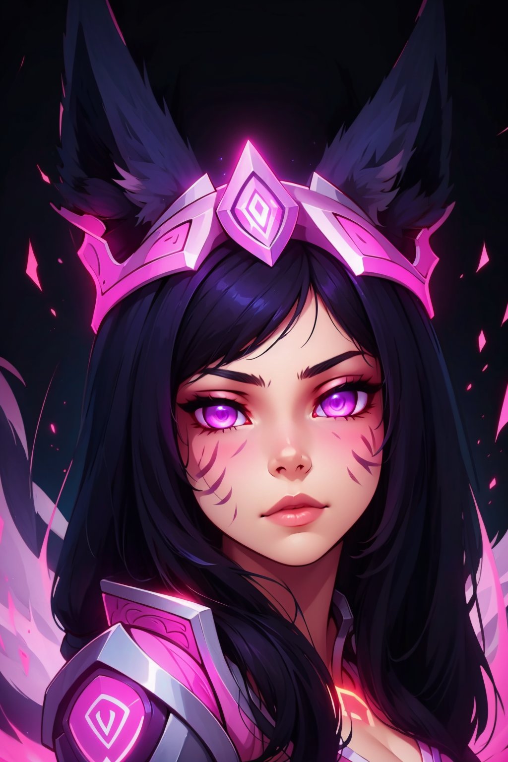 1girl, solo, long hair, looking at viewer, bangs, black hair, animal ears, closed mouth, purple eyes, pink eyes, parted bangs, fox ears, glowing, animal, facial mark, portrait, glowing eyes, ahri \(league of legends\)