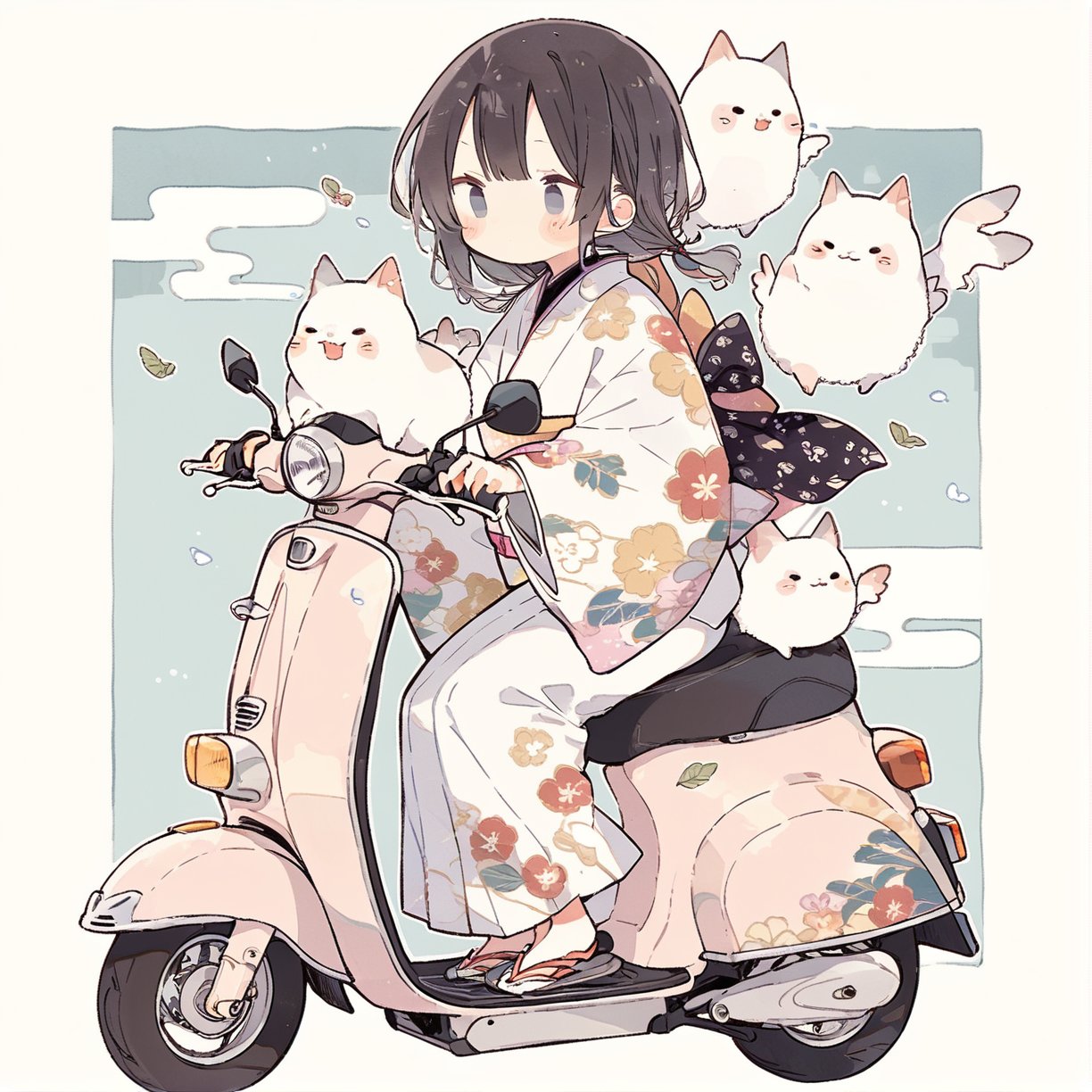 kimono girl riding a scooter,cute illustration, kawaii, masterpiece, best quality, aesthetic 