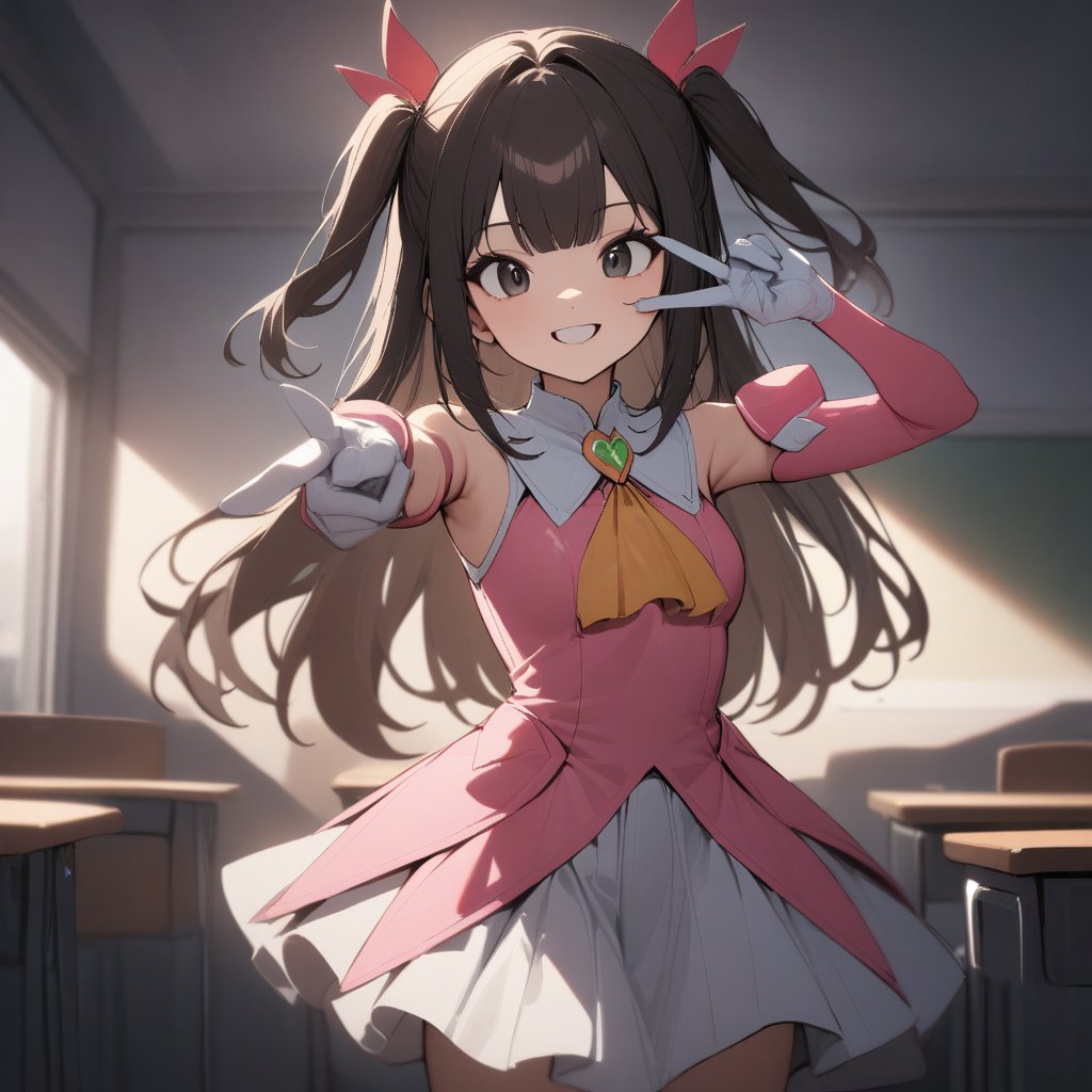 masterpiece, best quality, very aesthetic, absurdres, highres, newest, 
simple classroom, morning, depth of field, 
cinematic lighting, 

BREAK 
1girl, 
happy smile, 
magical girl cosplay, 
black hair, two side up, long hair, blunt bangs, hair ornament, 
yellow ascot, pink dress, sleeveless, pink detached sleeves, white gloves, white skirt, pink thighboots, one-piece dress (tailcoat:0.3),
standing, raise arm, v over eye, cowboy shot, solo focus, male focus, IKAMESHI