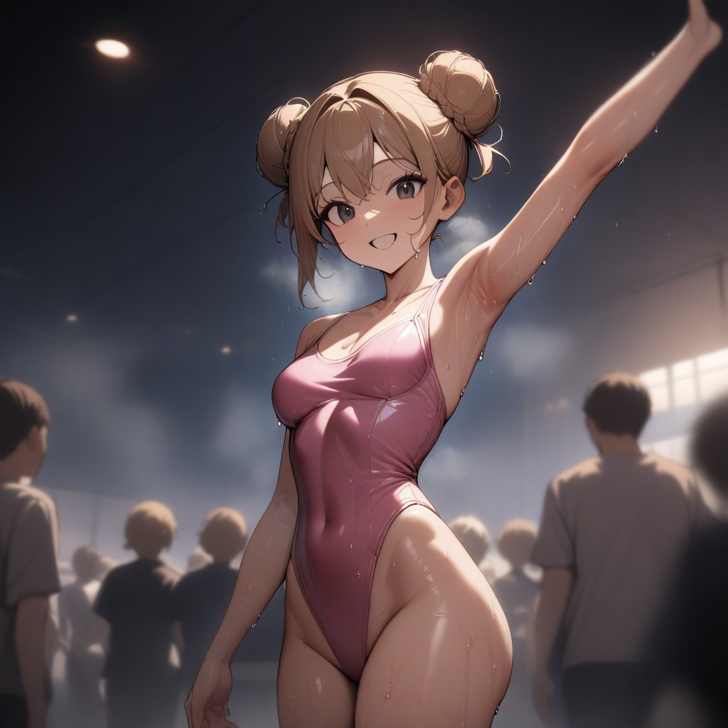 masterpiece, best quality, very aesthetic, absurdres, highres, newest, 
simple ballet studio, faceless crowd, evening, depth of field, steam, 
cinematic lighting, 

BREAK 
1girl, happy smile, 
blonde hair, double bun, 
wet skin, sweaty, 
pink leotard, highleg, 
standing, waving, armpits, cowboy shot, from front, solo focus, 
IKAMESHI 