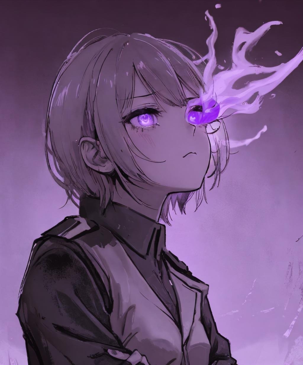 (purple theme:1.4),(flaming eye:1.4),1girl,purple eyes,sad,crossed arms,head tilt,uniform, fog, war,upper body,<lora:flame_over_one_eye-10:1.3>,