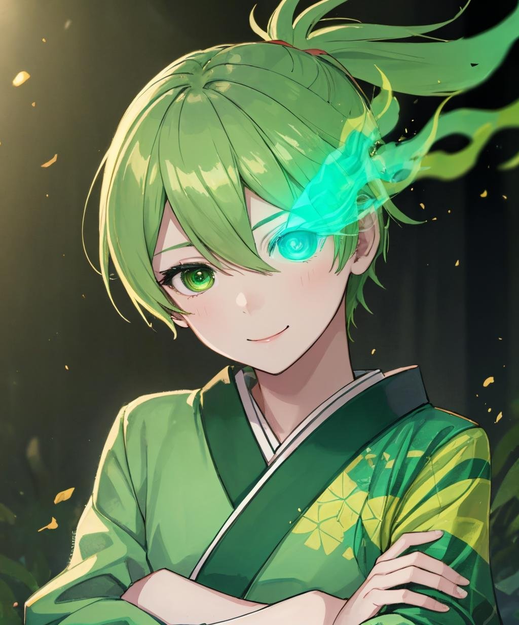 (green theme:1.4),(flaming eye:1.4),1boy,green eyes,smile,crossed arms,head tilt,kimono,upper body,<lora:flame_over_one_eye-10:1.3>,