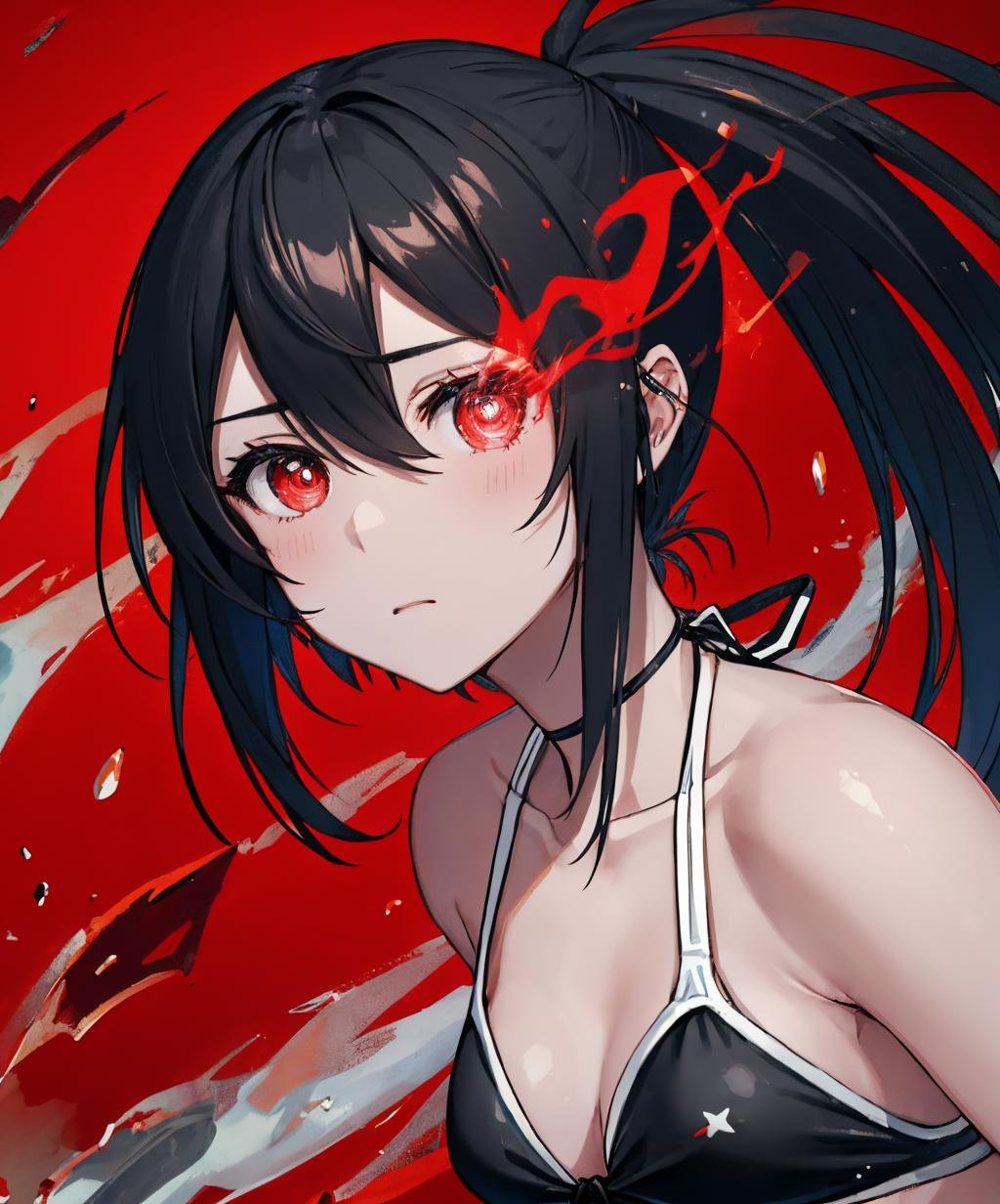 red theme,flaming eye,1girl,solo,long hair,looking at viewer,red eyes,black hair,hair between eyes,twintails,closed mouth,swimsuit,upper body,bikini,star (symbol),floating hair,black bikini,glowing,red background,front-tie top,bikini top only,front-tie bikini top,<lora:flame_over_one_eye-10:1.5>,