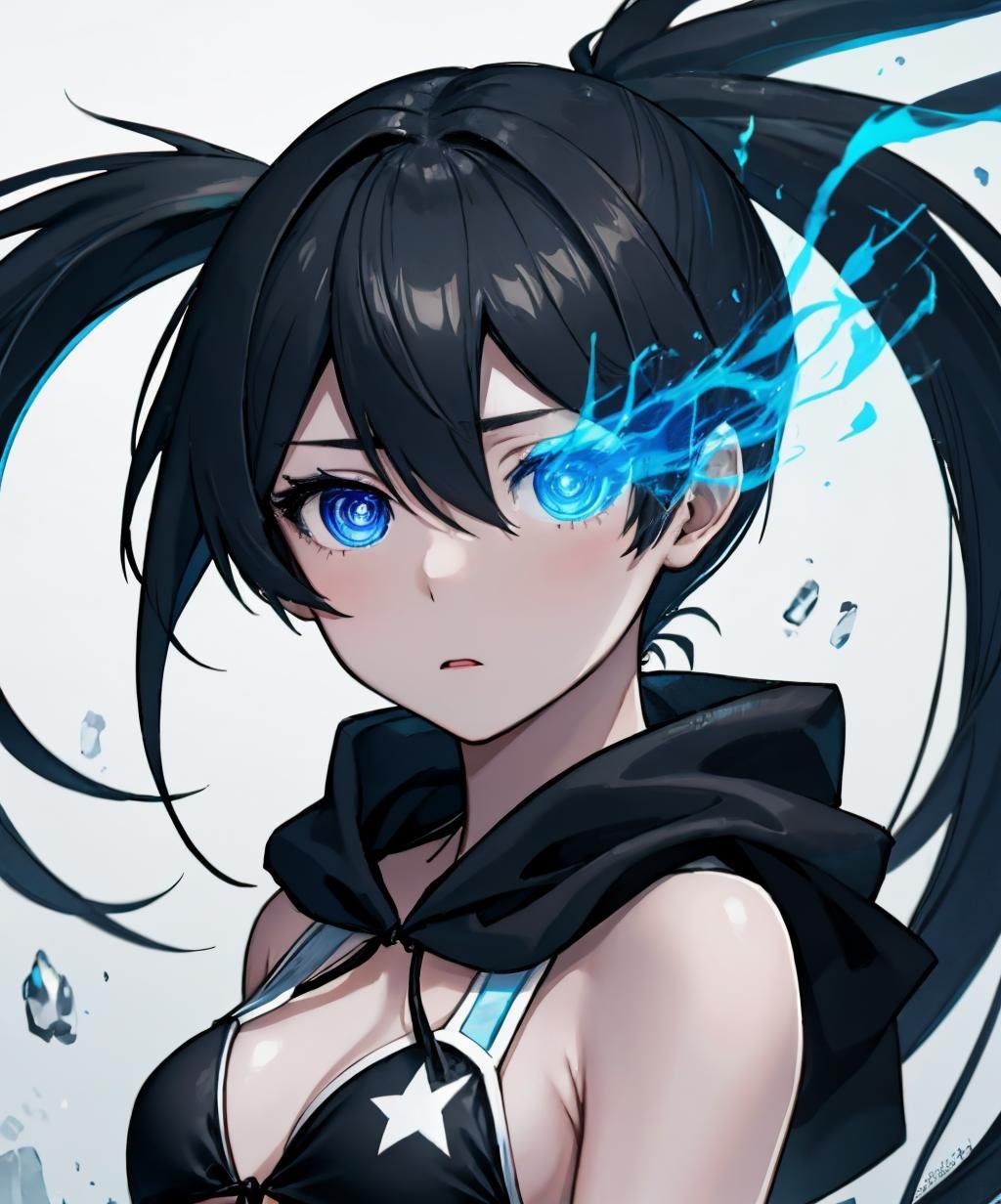 flaming eye,1girl,solo,long hair,looking at viewer,blue eyes,black hair,hair between eyes,twintails,closed mouth,swimsuit,upper body,bikini,star (symbol),floating hair,black bikini,glowing,blue background,front-tie top,bikini top only,front-tie bikini top,black rock shooter (character),<lora:flame_over_one_eye-10:1.5>,