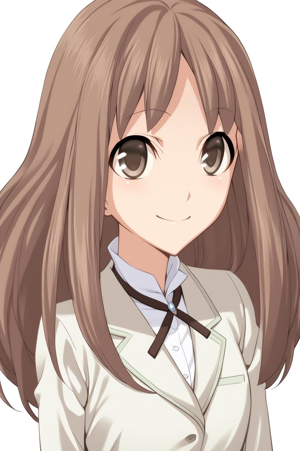 1girl,Hoshitsuki Orihime,teacherorihime,teacher clothing,masterpiece,best quality,solo,very aesthetic,absurdres,game cg,(detailed beautiful eyes:1.2),(beautiful face:1.2),simple background,white background,<lora:HoshitsukiOrihimeXL:1>,smile,looking at viewer,cowboy shot,close up,upper body,