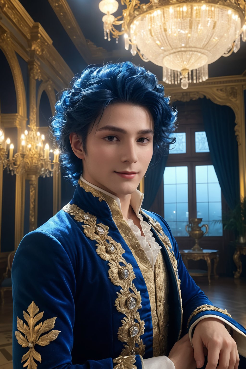 (ultra realistic,best quality),photorealistic,Extremely Realistic, in depth, cinematic light,hubgman,

HUBG_Rococo_Style(loanword), 1boy, Portrait of noble and graceful god, dressed in blue and gold, elaborate coiffure hairstyle, dark hair, decoration, 
Brilliant scene with bright lights, mist, numerous decorations, joyful atmosphere, light smile,

HDR, IMAX, 32K resolutions, ultra resolutions, magnificent, best quality, masterpiece,cinematic scenes, cinematic shots, cinematic lighting, volumetric lighting, ultra-detailed,