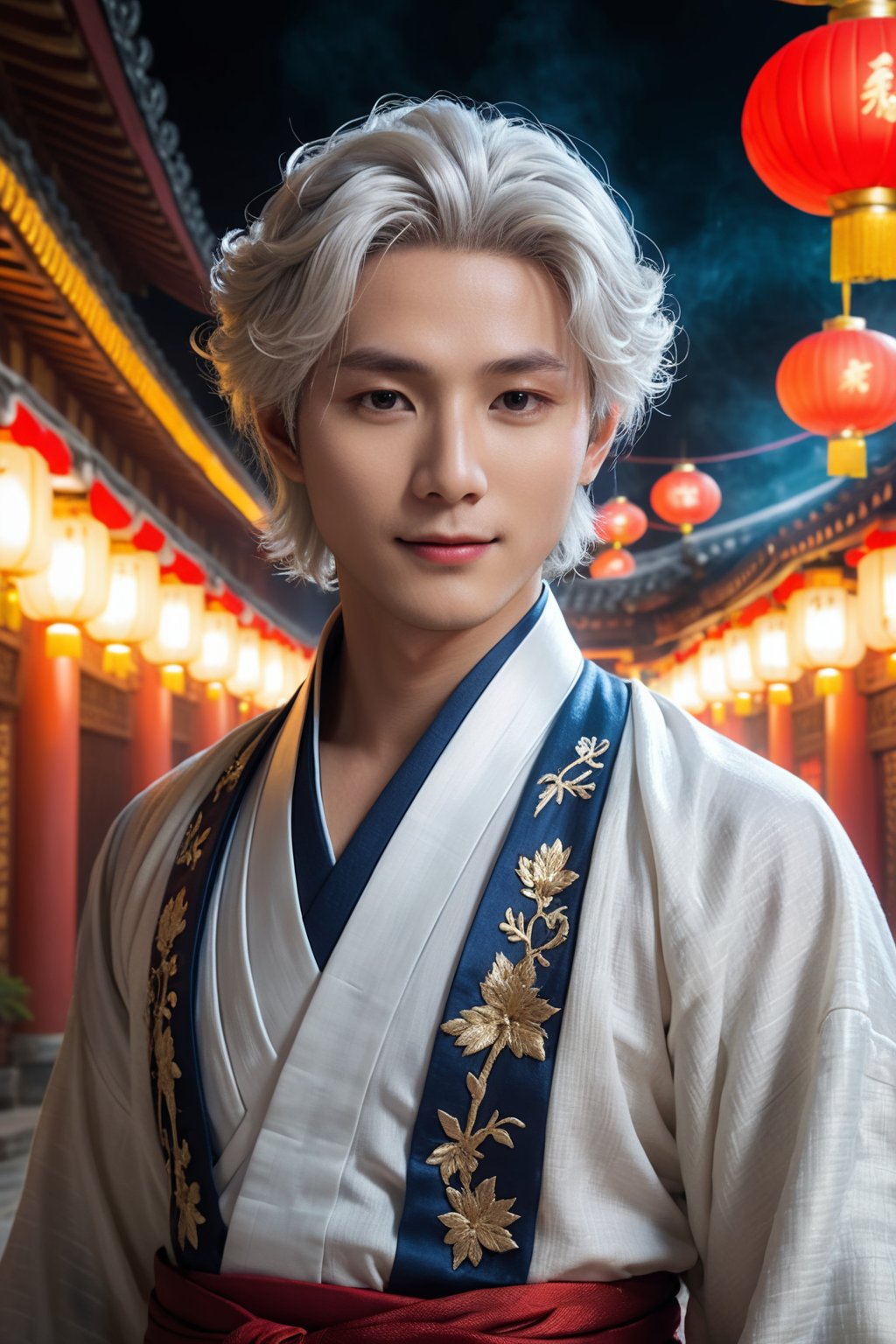 (ultra realistic,best quality),photorealistic,Extremely Realistic, in depth, cinematic light,hubgman,

HUBG_Rococo_Style(loanword), 1boy, hanfu, Portrait of noble and graceful god, elaborate coiffure hairstyle, white hair, 
Brilliant scene with bright lights, mist, numerous decorations, joyful atmosphere, light smile,

HDR, IMAX, 32K resolutions, ultra resolutions, magnificent, best quality, masterpiece,cinematic scenes, cinematic shots, cinematic lighting, volumetric lighting, ultra-detailed,