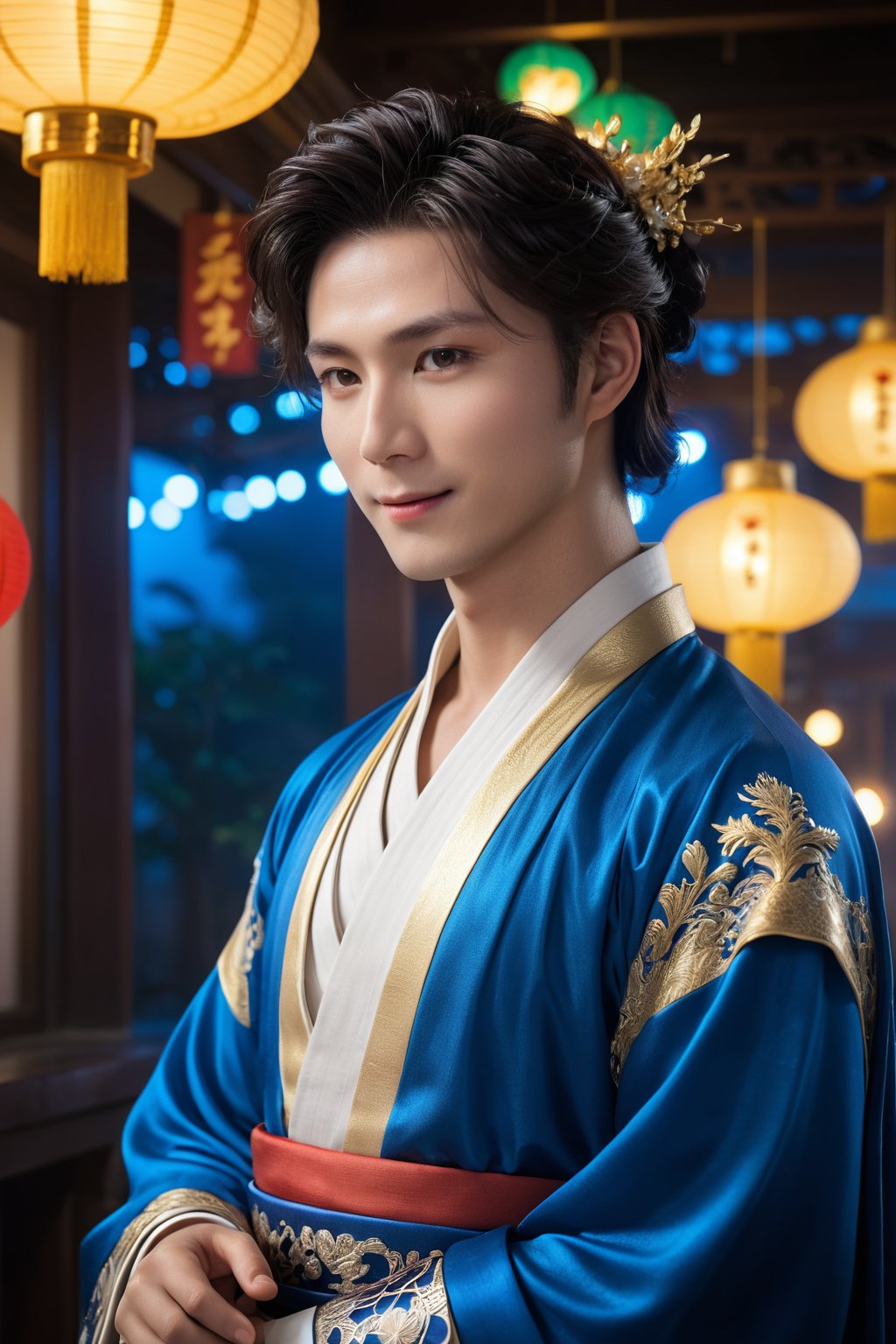 (ultra realistic,best quality),photorealistic,Extremely Realistic, in depth, cinematic light,hubgman,

HUBG_Rococo_Style(loanword), 1boy, hanfu, Portrait of noble and graceful god, dressed in blue and gold, elaborate coiffure hairstyle, dark hair, decoration, 
Brilliant scene with bright lights, mist, numerous decorations, joyful atmosphere, light smile,

HDR, IMAX, 32K resolutions, ultra resolutions, magnificent, best quality, masterpiece,cinematic scenes, cinematic shots, cinematic lighting, volumetric lighting, ultra-detailed,