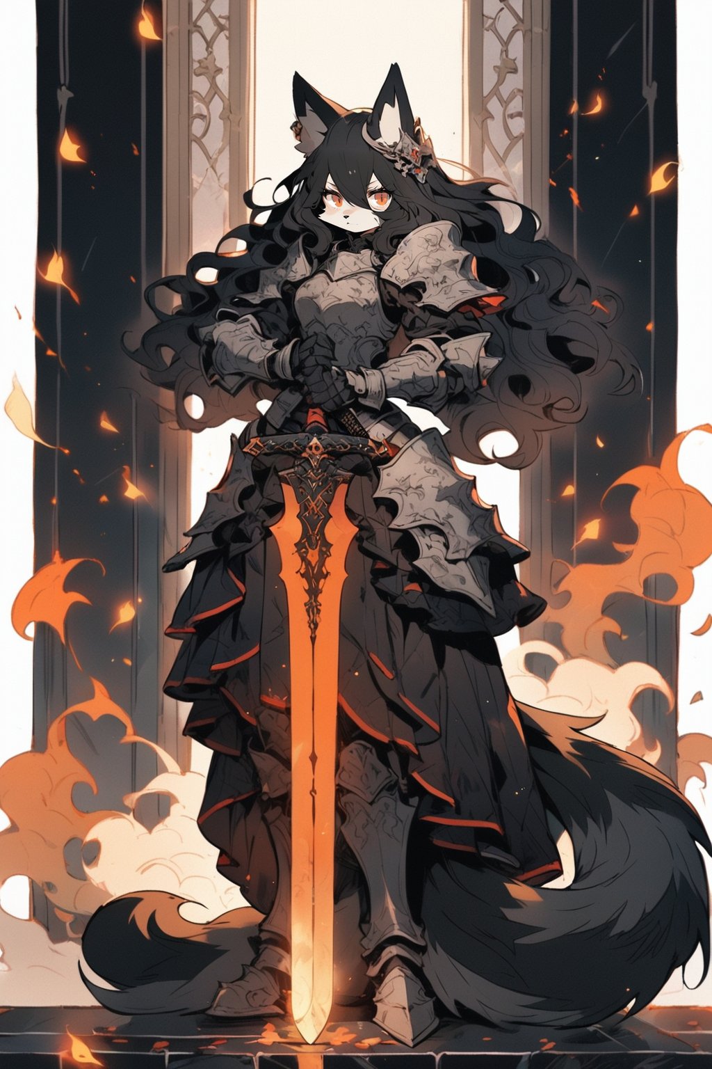 furry knight, 1girl, animal ears, weapon, sword, tail, solo, black hair, long hair, armor, animal ear fluff, gauntlets, holding, looking at viewer, dress, holding weapon, black dress, standing, holding sword, red eyes, frills, frilled dress, hair between eyes, shoulder armor, fire, closed mouth, orange eyes, planted, pauldrons, fox tail, armored dress, fox ears, armored boots, boots, hair ornament, planted sword, feet out of frame, breastplate, flaming weapon, expressionless, wavy hair, masterpiece, best quality, aesthetic,