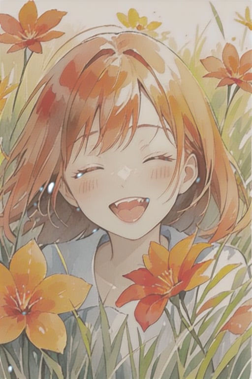 watercolor, 1girl, solo,flower, close mouth, fangs, closed eyes, tongue, orange flower, red flower, smile, grass, white background, 