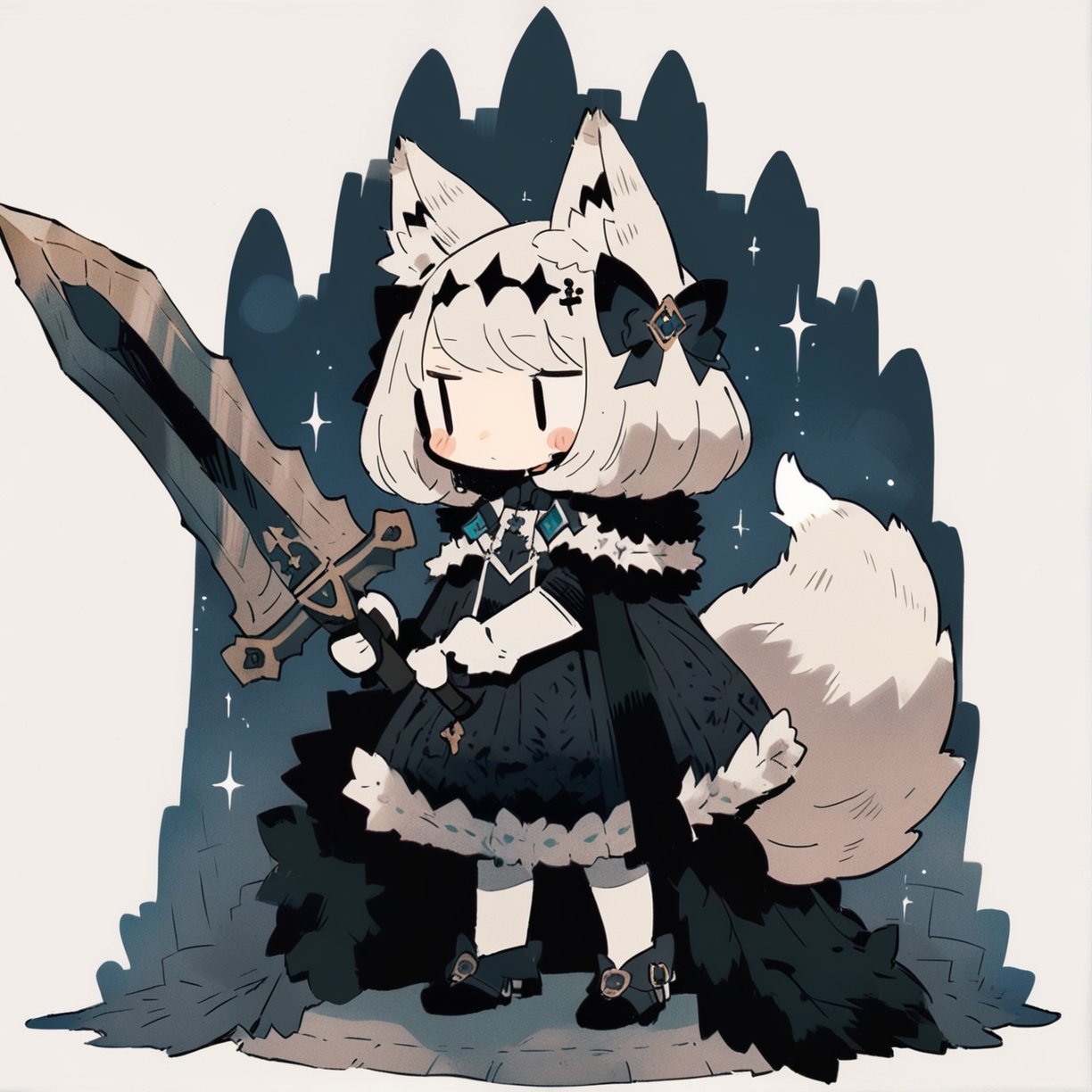 cute knight, 1girl, weapon, sword, animal ears, tail, holding, holding weapon, solo, holding sword, fur trim, chibi, blush stickers, bow, hair bow, animal ear fluff, fox tail, standing, cape, fox ears, white hair, full body, sparkle, fur-trimmed cape, short hair, fur-trimmed cloak, dress, black bow, simple background, masterpiece, best quality, aesthetic