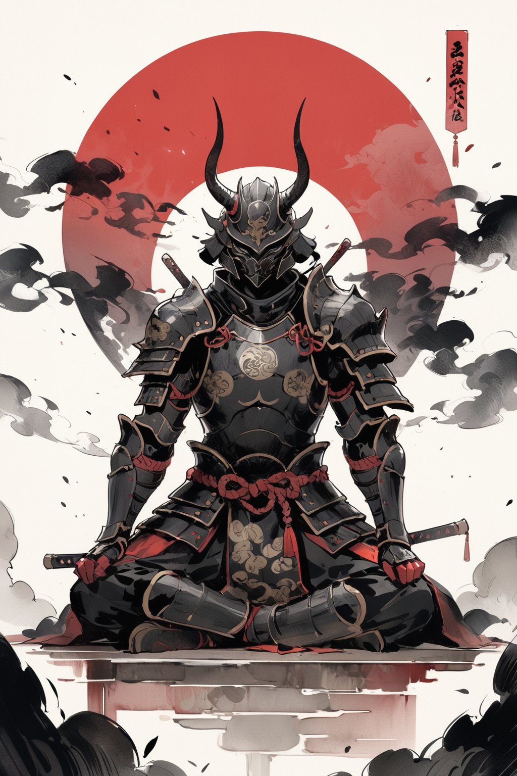 warrior, weapon, armor,  japanese armor, helmet,  samurai, shoulder armor, moon, sheath, horns, gauntlets, sheathed, mask, standing, kusazuri, kabuto \(helmet\), pauldrons, full moon, full armor, fake horns, (sitting, indian style:1.2), masterpiece, best quality, aesthetic, chinese ink painting, 