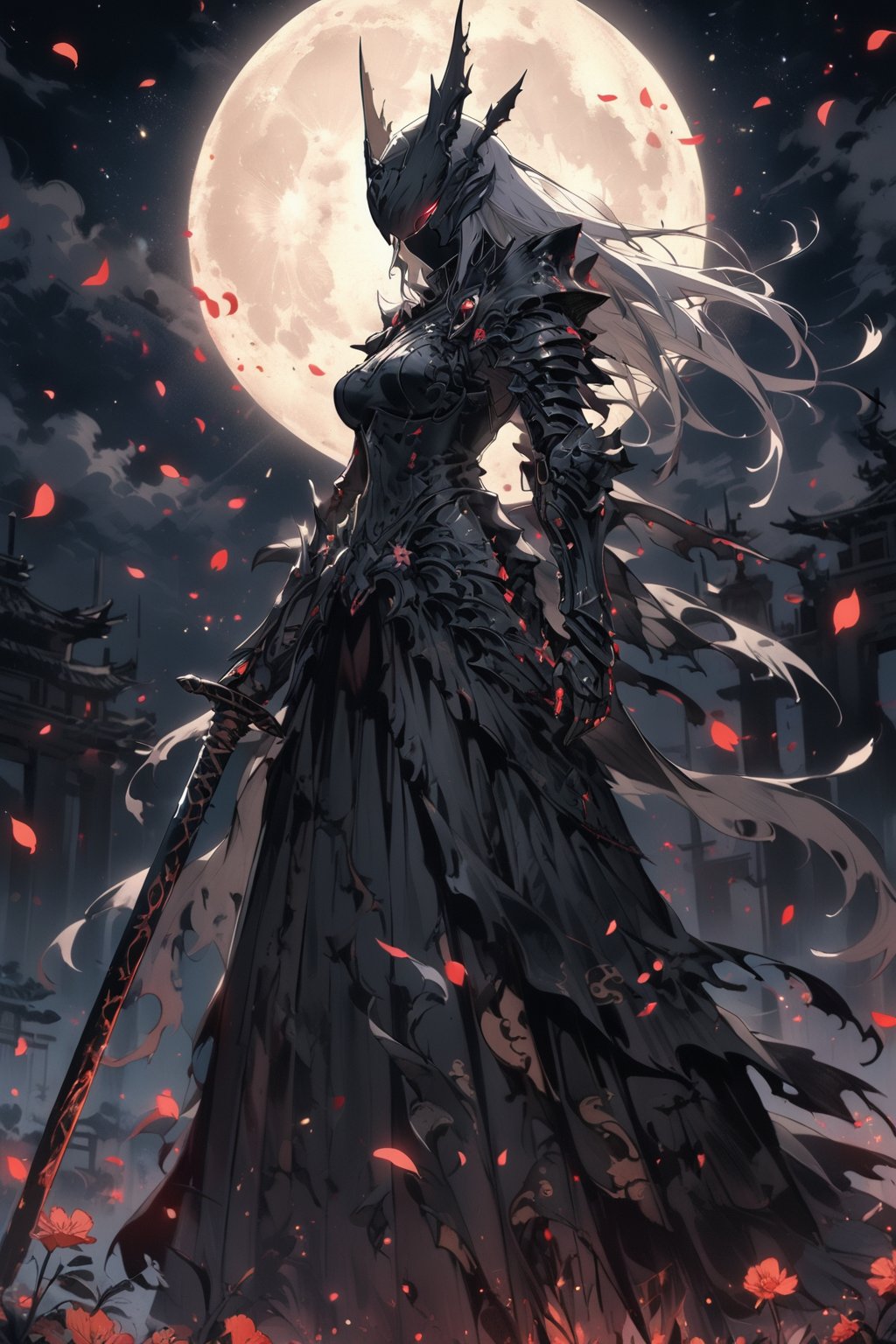 warrior, weapon, 1girl, sword, moon, armor, long hair, solo, full moon, helmet, night, holding sword, holding, holding weapon, gauntlets, torn clothes, petals, shoulder armor, sky, standing, outdoors, night sky, fire, grey hair, planted sword, planted, dress, black dress, white hair, pauldrons, masterpiece, best quality, aesthetic, chinese ink painting, 