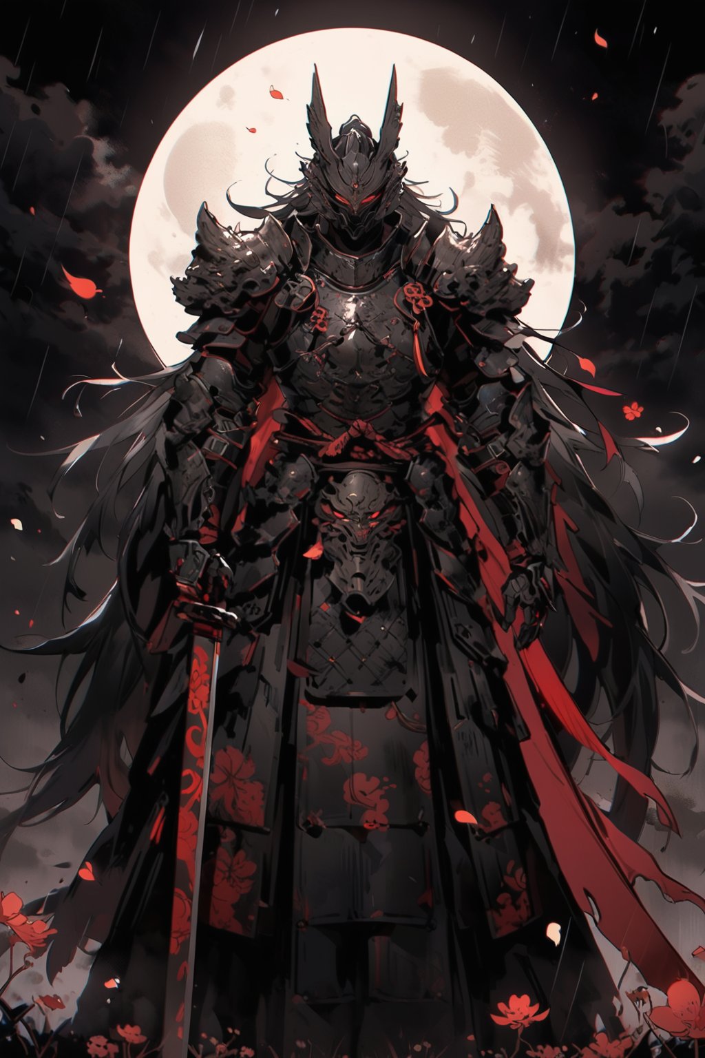 warrior, weapon, armor, sword, moon, holding, solo, holding sword, holding weapon, flower, full armor, full moon, helmet, standing, red eyes, breastplate, long hair, katana, night, male focus, faulds, shoulder armor, 1boy, rain, gauntlets, mask, looking at viewer, outdoors, japanese armor, sky, samurai, petals, facing viewer, glowing, sheath, very long hair, kusazuri, masterpiece, best quality, aesthetic, chinese ink painting, 