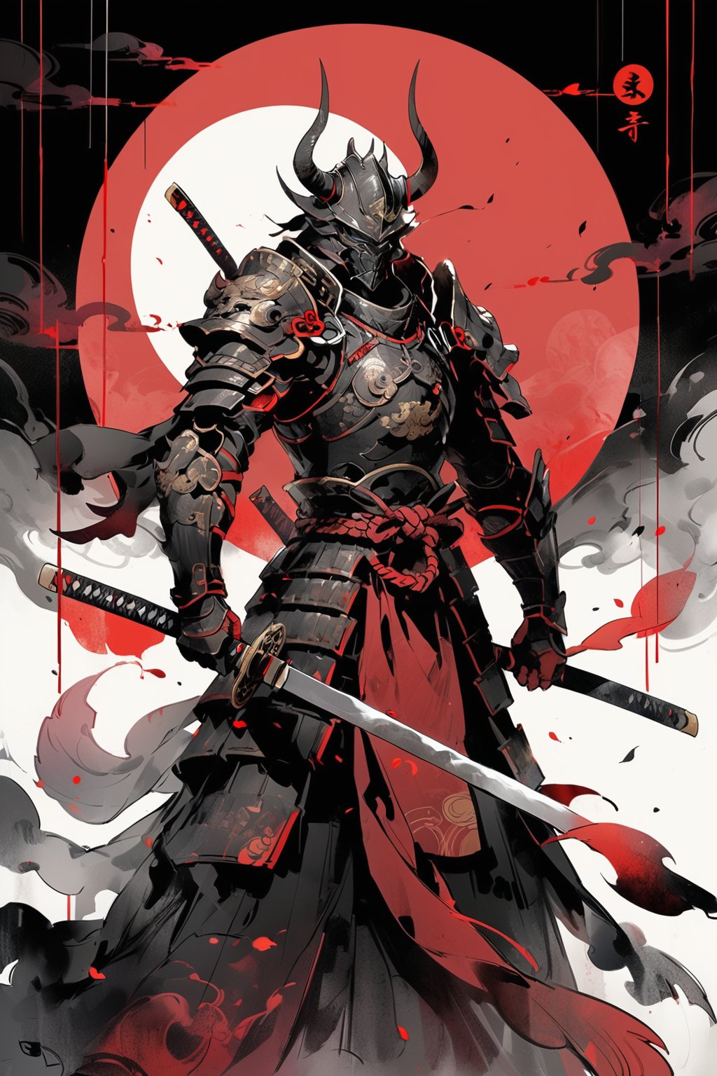 warrior, weapon, armor, sword, japanese armor, helmet, solo, samurai, katana, holding, 1boy, male focus, shoulder armor, moon, sheath, horns, holding weapon, gauntlets, holding sword, japanese clothes, sheathed, mask, standing, kusazuri, kabuto (helmet), pauldrons, full moon, full armor, fake horns, masterpiece, best quality, aesthetic, chinese ink painting, 