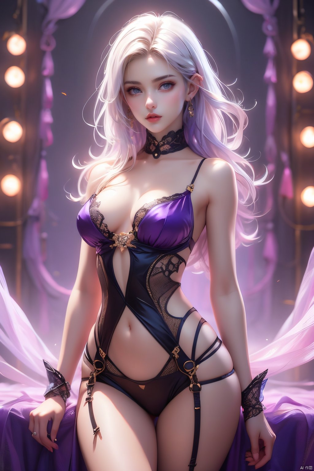 A captivating white-haired girl in a sexy outfit standing in an exquisitely decorated space with a soft purple background. Her deep mysterious gaze and relaxed natural posture exude an indescribable charm, high-quality full-body portrait of a beautiful artwork featuring a white-haired girl in sexy clothing against a purple backdrop, trending on ArtStation, trending on CGSociety, intricate, high detail, sharp focus, dramatic, photorealistic painting art by midjourney and greg rutkowski.