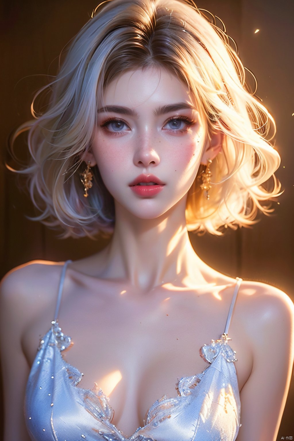 Best Quality, masterpiece, Super High Resolution, Girl, Solo, short hair, white hair, delicate, lipstick, (freckles, skin grain texture 1.2) , sexy, game CG, HD 16K