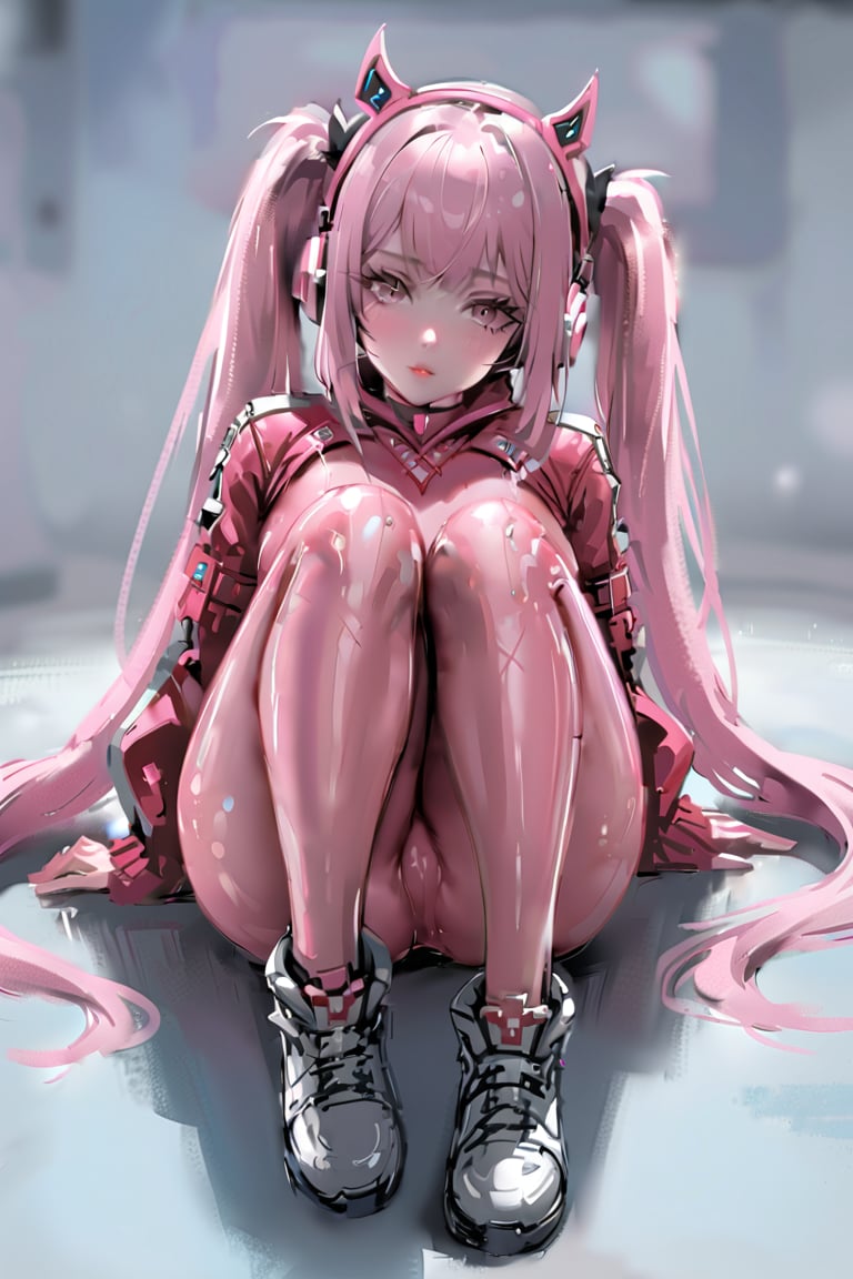  best quality,masterpiece, close-up, pink bodysuit,latex,pink twintails,headphones, full body