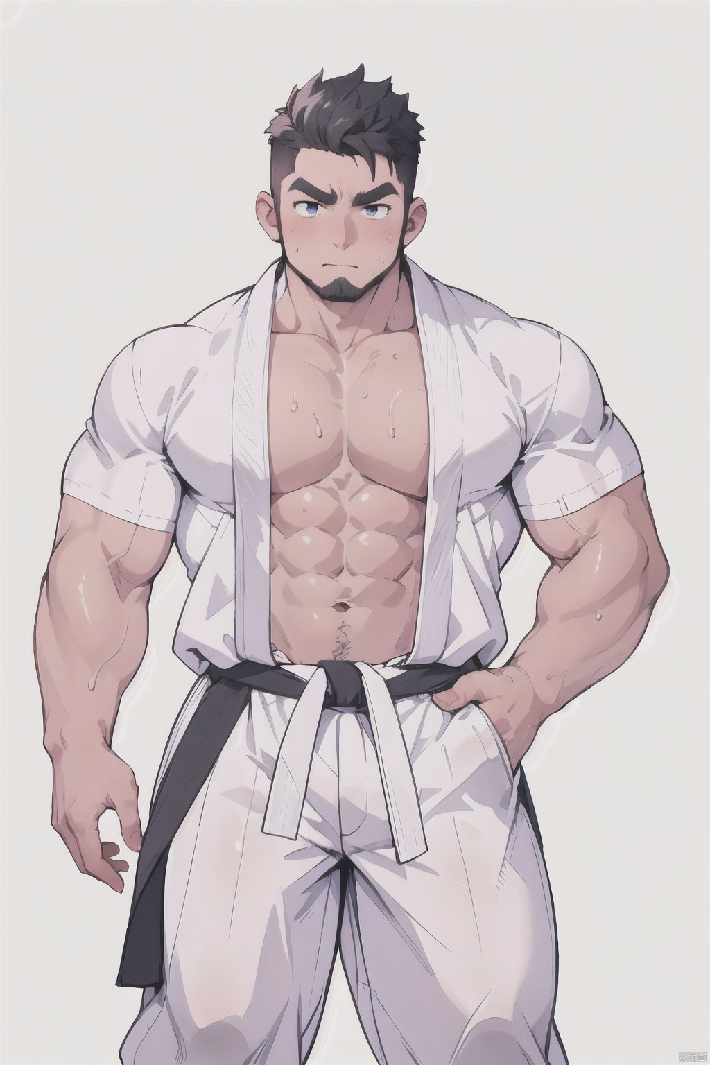  pectorals, muscular male, male focus, 1boy, solo, short hair, abs, facial hair, navel, black hair, blush, looking at viewer, thick eyebrows, sweat,  open clothes, white pants, white background, martial arts belt, pants, closed mouth,  HYZ_WH, Anime