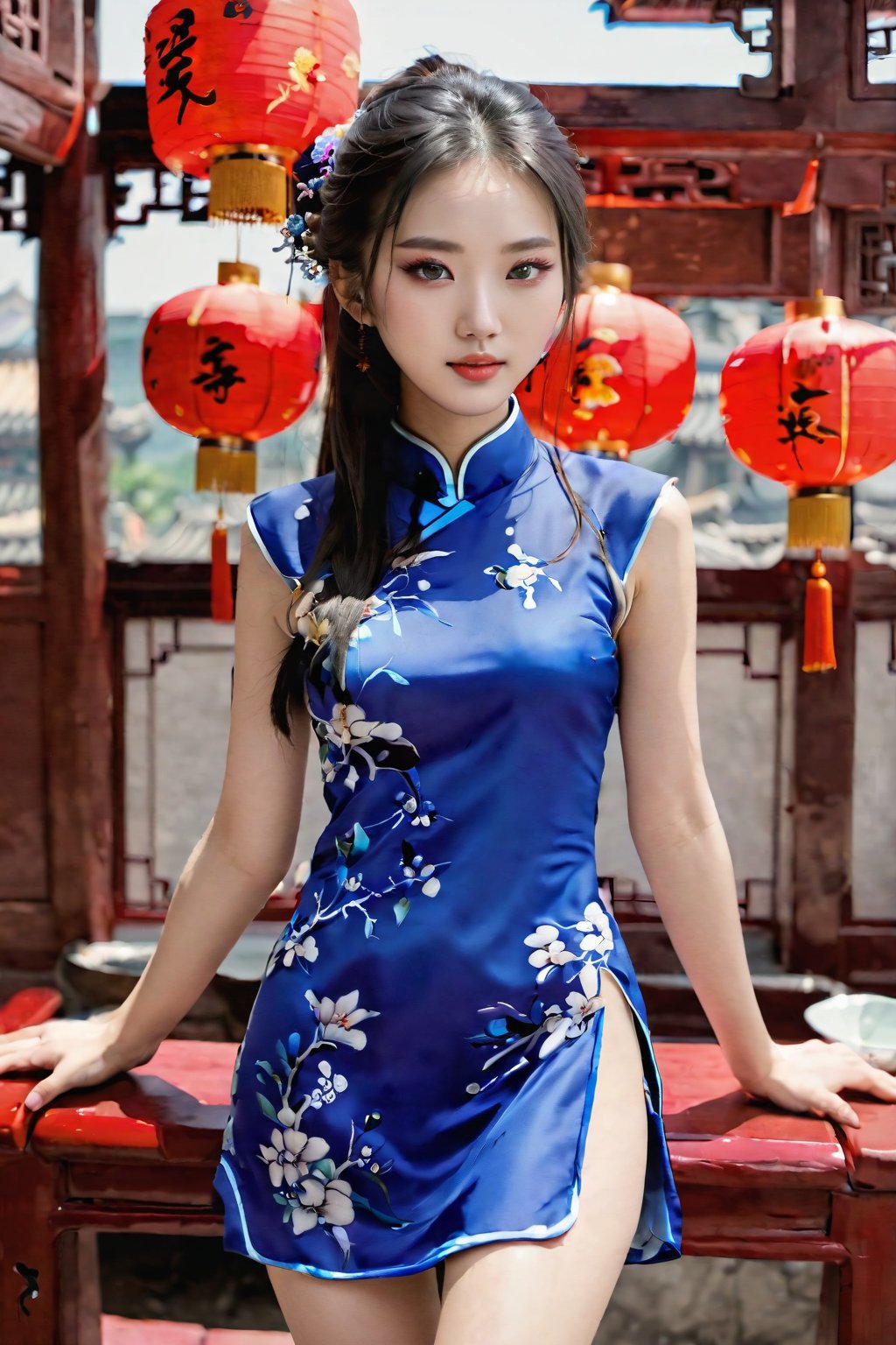 1girl, solo, Chinese model, detailed face, China dress. full body view. 