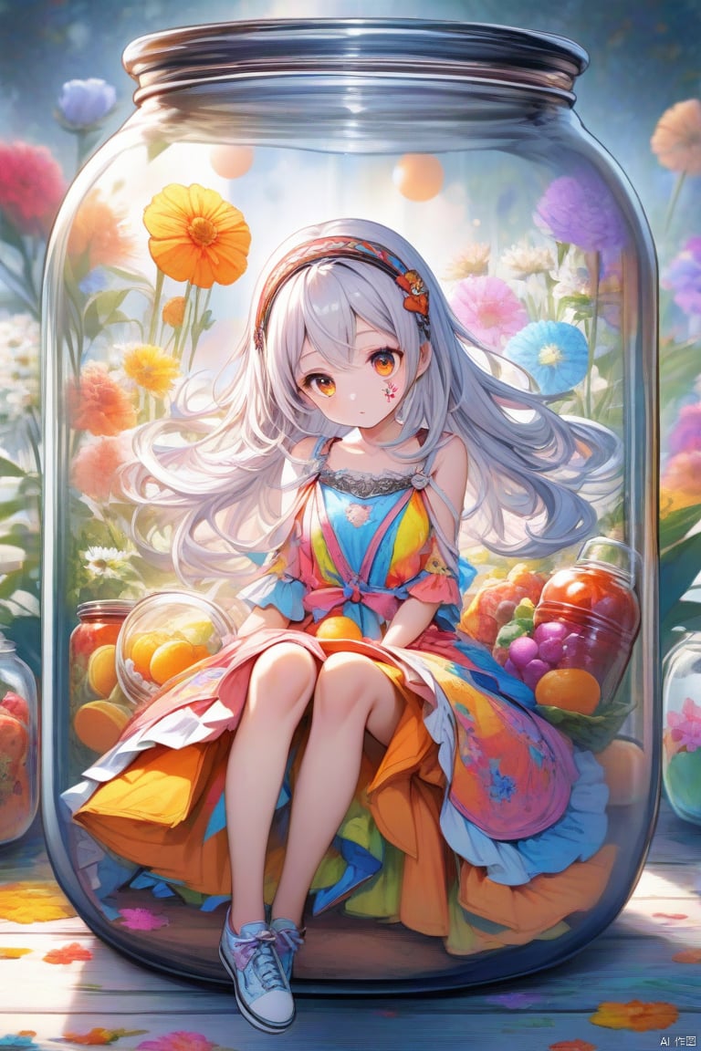 (masterpiece), (best quality), illustration, ultra detailed, hdr, Depth of field, (colorful), loli,(flowers background:1.45),(transparent background:1.3)(an extremely delicate and beautiful girl inside of glass jar:1.2), (glass jar:1.35),(solo:1.2), (full body), (beautiful detailed eyes, beautiful detailed face:1.3), (sitting ), (very long silky hair, float white hair:1.15), (medium_breasts, tally and skinny:1.2), (Colorful dress:1.3), (extremely detailed lace:0.3), (insanely detailed frills:0.3),(hairband , orange hair_ornament:1.25),orange cans,water surface,full body,(bottle filled with orange water,bottle filled with Fanta:1.25), (many fruits in jar, many Sliced_fruits in jar:1.25), (many bubbles:1.25),