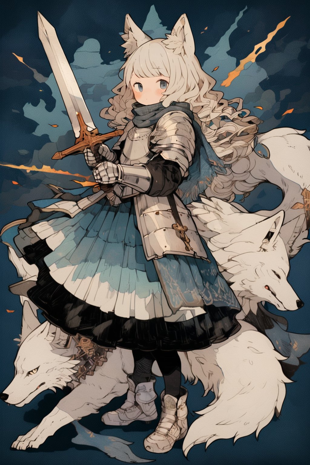 kawaii knight, 1girl, weapon, sword, armor, animal ears, holding, holding weapon, holding sword, blue eyes, long hair, gauntlets, white hair, standing, animal ear fluff, boots, looking at viewer, full body, shoulder armor, scarf, animal, solo, pauldrons, dress, wolf, masterpiece, best quality, aesthetic, illustration,