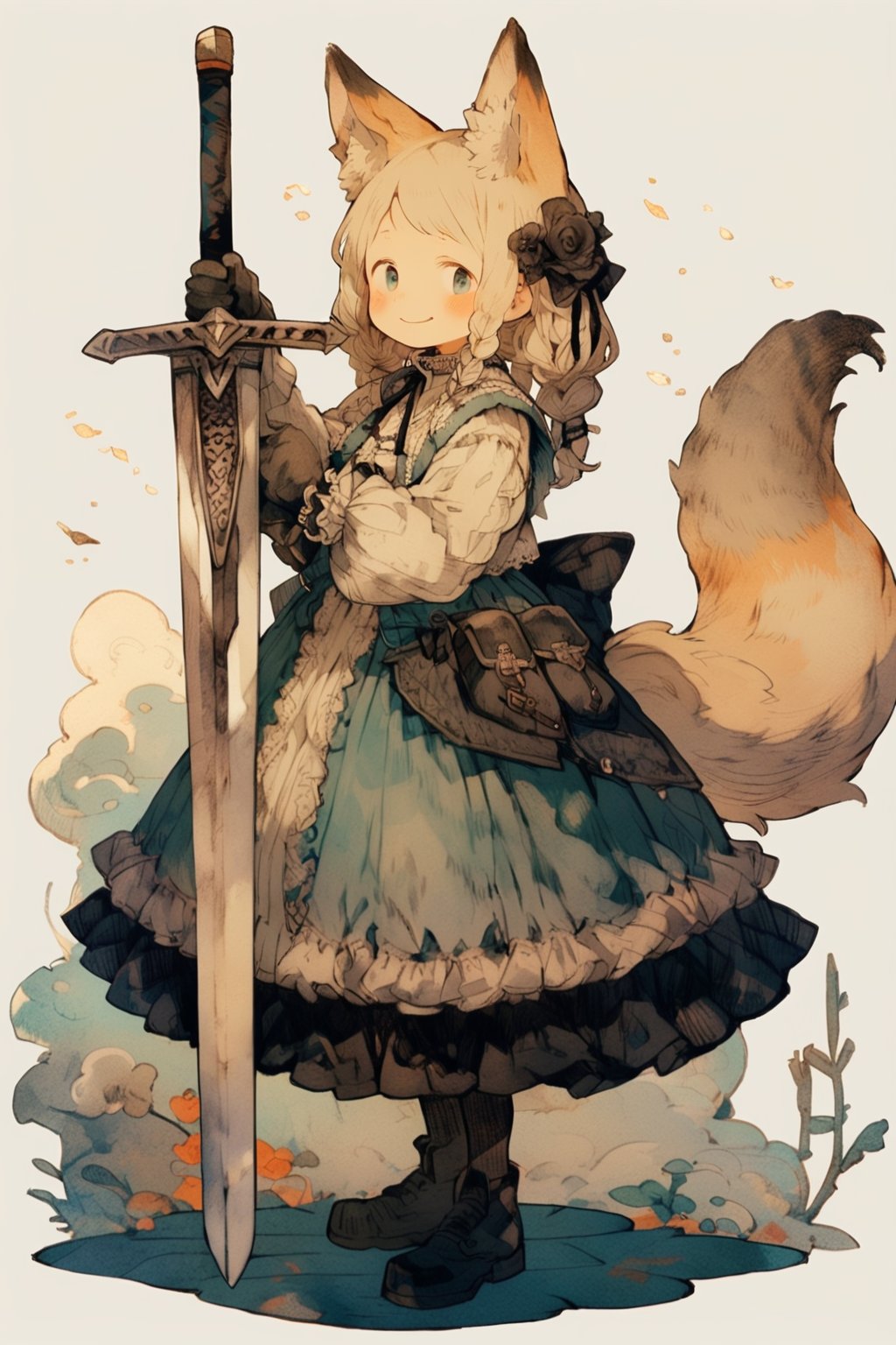 kawaii knight, 1girl, weapon, solo, animal ears, blue eyes, sword, tail, braid, long hair, dress, holding, hair ornament, huge weapon, hair flower, full body, frills, holding weapon, smile, flower, animal ear fluff, boots, white hair, standing, holding sword, looking at viewer, gloves, fox tail, black footwear, frilled dress, fox ears, simple background, ribbon, twin braids, pantyhose, long sleeves, closed mouth, blush, white background, blue dress, 
masterpiece, best quality, aesthetic, illustration, 