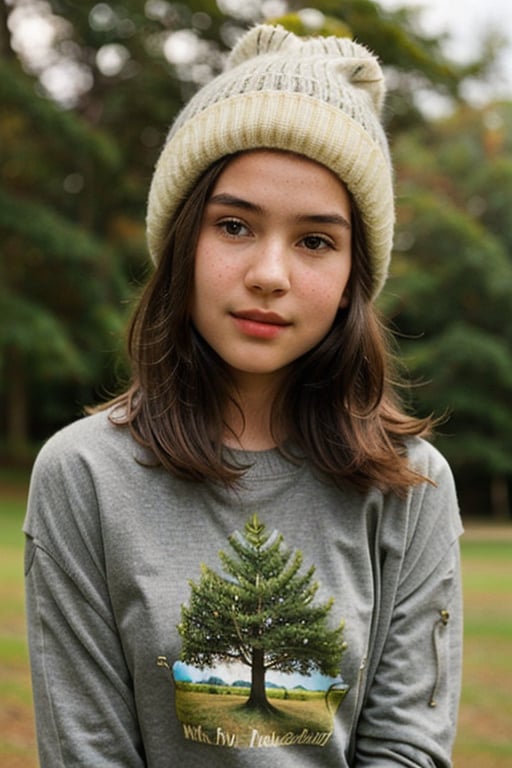 1girl, solo, looking at viewer, brown hair, hat, brown eyes, upper body, outdoors, sweater, tree, lips, head tilt, freckles, realistic, beanie