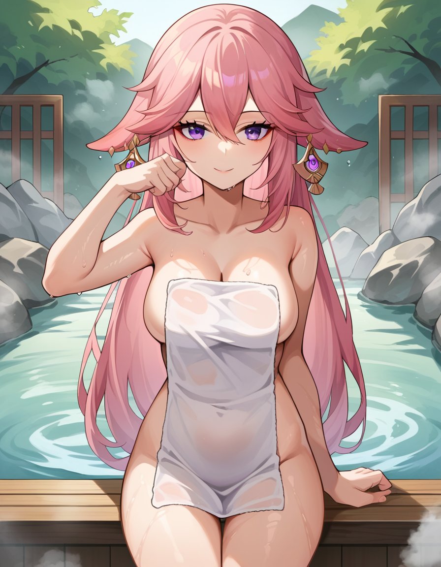 score_9, score_8_up, score_7_up, source_anime,yaemiko, <lora:yae-miko-ponyxl-lora-nochekaiser:1>,yae miko, animal ears, floppy ears, fox ears, hair between eyes, long hair, pink hair, purple eyes, pink hair, smile, nude, naked,outdoors, onsen, towel, naked towel, steam, bathing, nude cover, partially submerged, water, bath, steam censor, wet towel,looking at viewer, dynamic pose, cowboy shot,