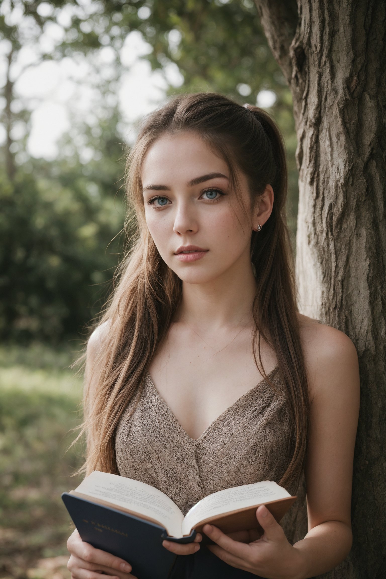 beautiful women reading book under the tree, siiting, long blonde hair, 2 ponytails, dark make up, blue eyes,attractive,lighted, illuminated aura ,inst4 style,aesthetic portrait,