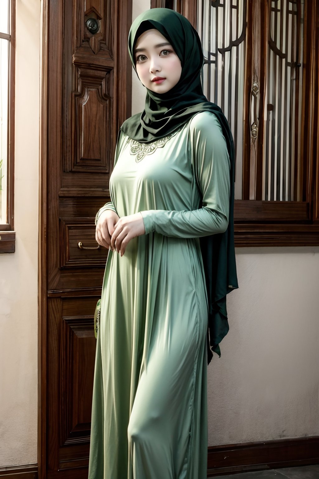 ((Green theme)),
1girl, solo, gown, hijab
The mosque, light of angels 
,H3NUY , ,Gim4l,JANGN4,photorealistic,GIM4L