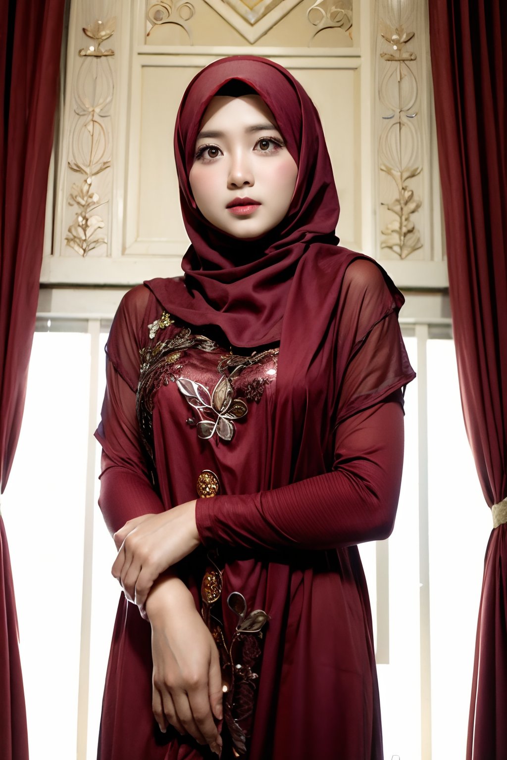 ((Red theme)),
1girl, solo, gown, hijab
The mosque, light of angels 
,H3NUY , ,Gim4l,JANGN4,photorealistic,GIM4L