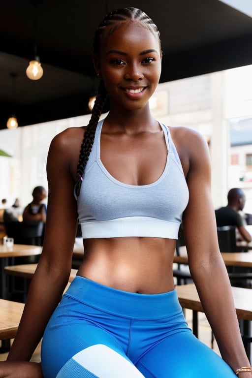 1girl, African in her 20s,  beautiful, smile, whole body,  long legs, slender figure, oval face, high cheekbones, sharp-focus: 1.2,  perfect body shape: 1.4,  slender abs: 1.1,  ((short cropped cornrows, small breasts: 1.2)),  ((sitting in a cafe)), wearing a blue sports bra and yoga pants, highly detailed face,  highly detailed dark skin texture,  detailed eye,  ((daytime,  best-quality,  8K,  masterpiece: 1.3)), ,Ebony