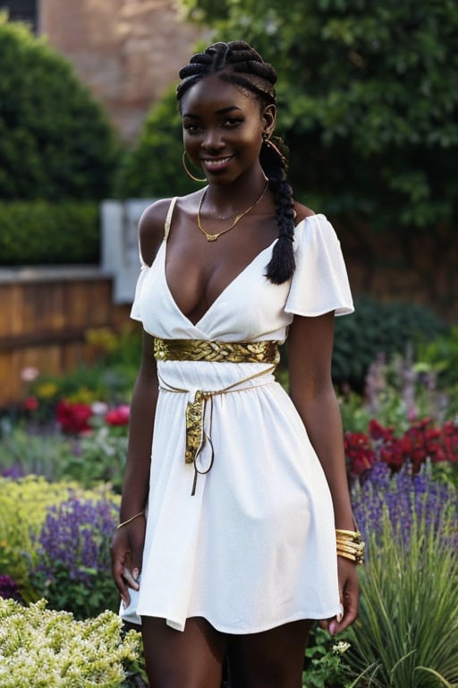 1girl, African in her 20s,  beautiful, smile, whole body,  long legs, slender figure, oval face, high cheekbones, sharp-focus: 1.2,  perfect body shape: 1.4,  slender abs: 1.1,  ((short cropped braided hair, small breasts: 1.2)),  ((standing in garden)), wearing a cream floral linen dress with gold necklace, highly detailed face,  highly detailed dark skin texture,  detailed eye,  ((daytime,  best-quality,  8K,  masterpiece: 1.3)), ,Ebony