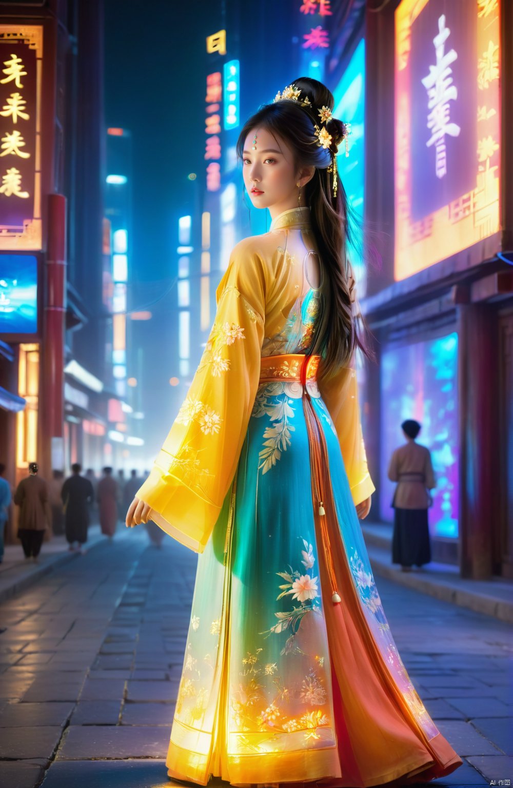 1girl, solo, long hair, neon lights, full body, night, citA young girl dressed in traditional Hanfu attire finds herself standing on a street lined with neon lights, her figure seemingly illuminated from within against the technicolor glow. Behind her looms a massive holographic display screen, casting a futuristic contrast against her ancient garb. The fusion of old and new, East and West, creates an enchanting visual spectacle where tradition meets modernity. Her elegant silhouette, adorned with intricate patterns and flowing fabric, holds a captivating presence amidst the pulsating energy of the city nightlife., 1girl<lora:EMS-329777-EMS:0.600000>, <lora:EMS-317135-EMS:0.600000>, <lora:EMS-322155-EMS:0.300000>