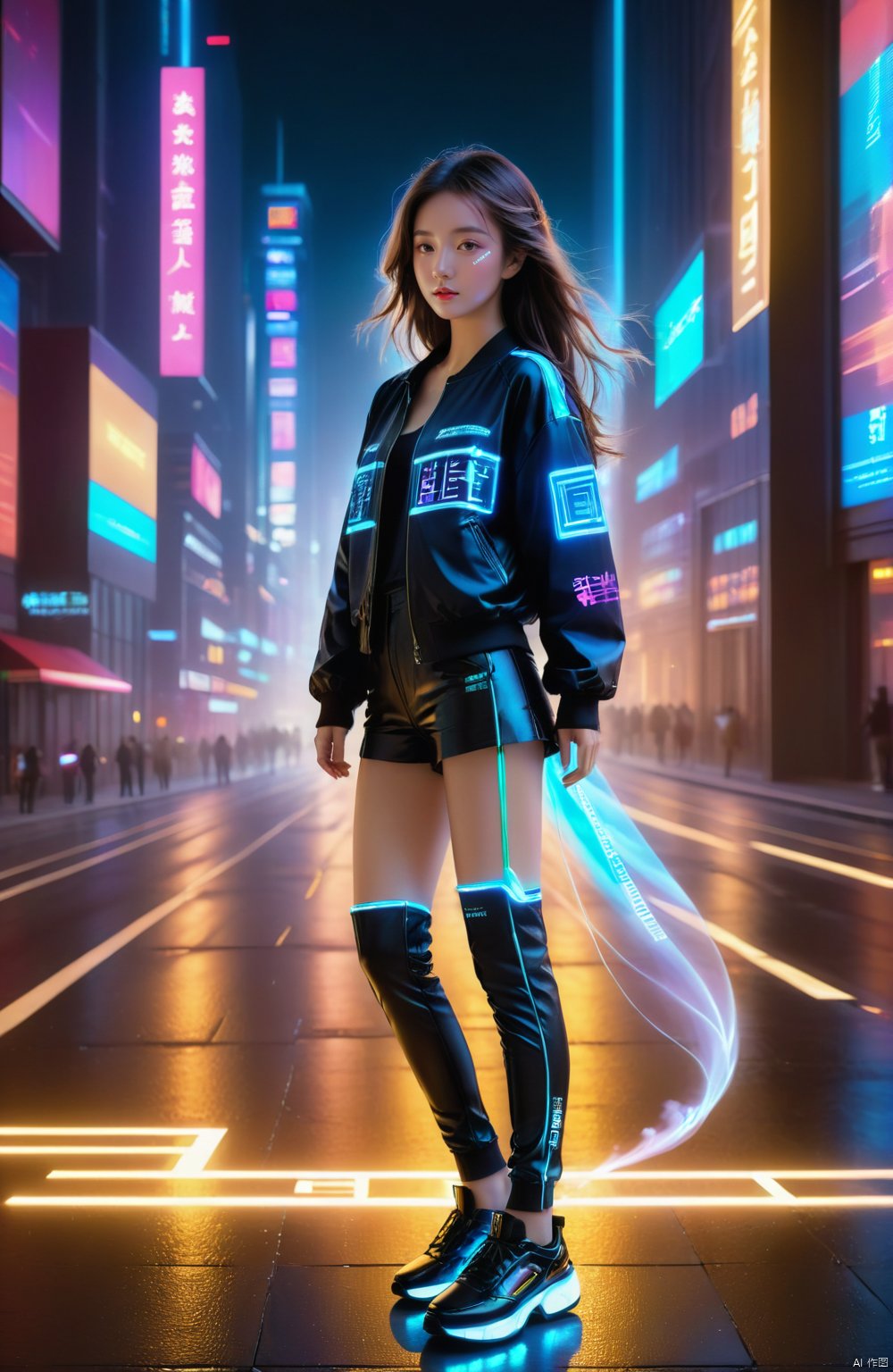 1 girl, solo, long hair, neon light, (full body), night, city street, jacket,striped, luminous text on the body, multi-line light on the body, (luminous electronic screen),(electronic message flow: 1.3), holographic projection, (luminous electronic screen on the arm: 1.2), luminous text on the thigh, (girl pose: 1.4), luminous electronic shoes, (Masterpiece, best quality: 1.2),16k, horizontal image quality, (luminous electronic screen), electronic message flow, holographic projection,, luminous electronic shoes, colored smoke, city blocks, skyscrapers<lora:EMS-329777-EMS:0.300000>, <lora:EMS-317135-EMS:0.800000>, <lora:EMS-322155-EMS:0.200000>