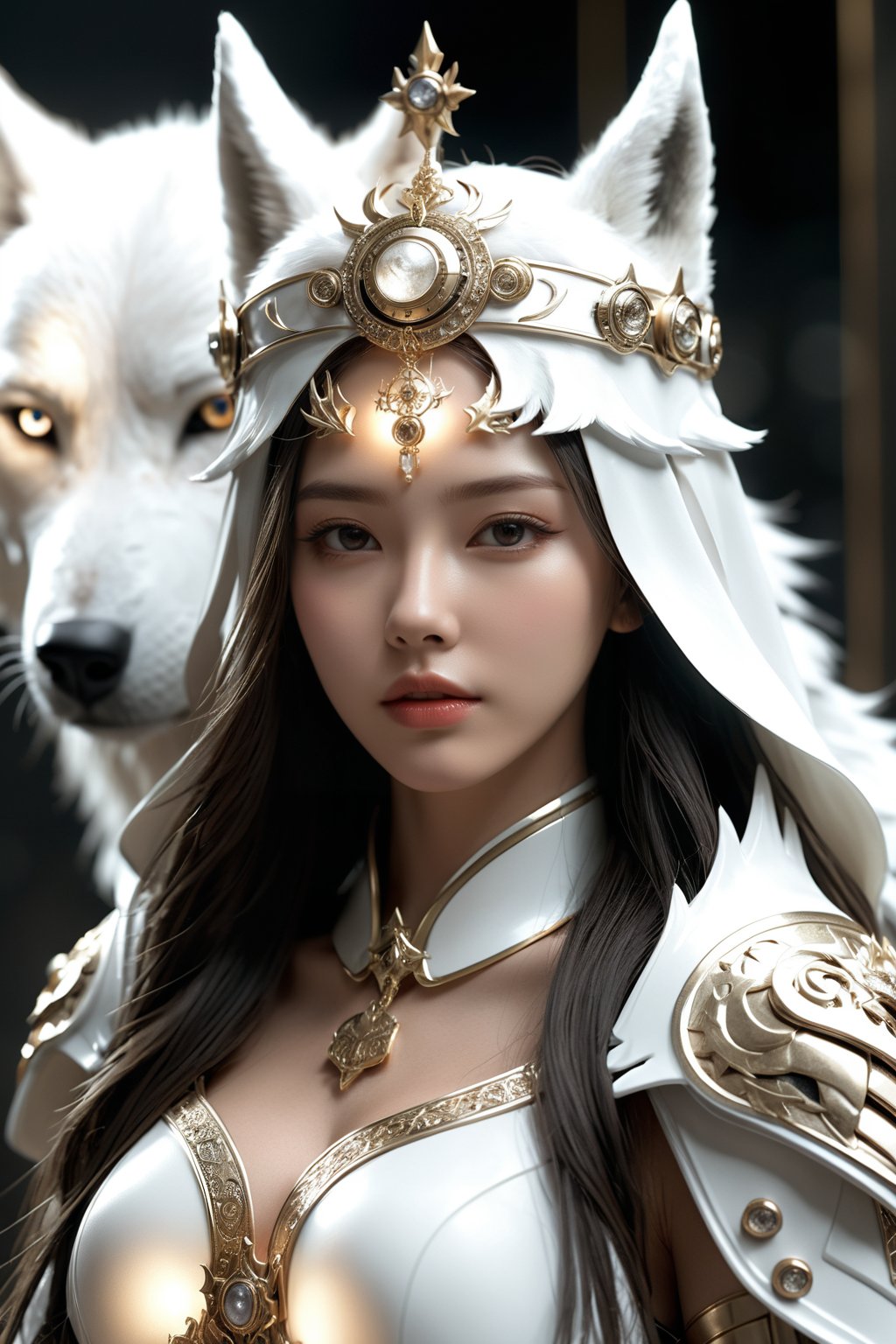 (ultra realistic,best quality),photorealistic,Extremely Realistic, in depth, cinematic light,hubggirl, beauty face,

HUBG_Mecha_Armor, official art, full body, (Extremely beautiful hubggirl, crown (headgear):1.5), Wolf_girl, Moon.solo, hanfu, Majestic. Solemn, white wolf's head at the shoulders, wolf's ears, (white medieval byzantine theme), cowboy shot, (alive skin),

intricate background, realism,realistic,raw,analog,portrait,photorealistic,hubg_mecha_girl