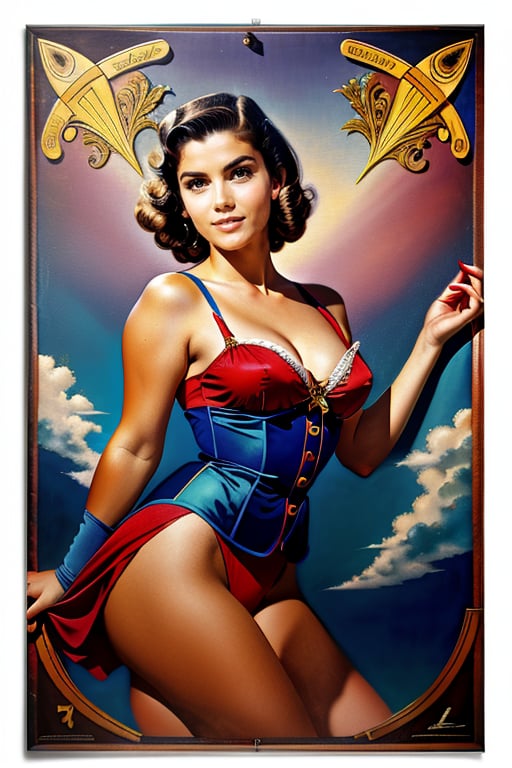 pinup, Reimagined by Mozert, Elvgren, Vargas, 40s retro style, airbrushed style poster girl, Mixed-Media-painting-medium using Collage-painting,emma,leonardo