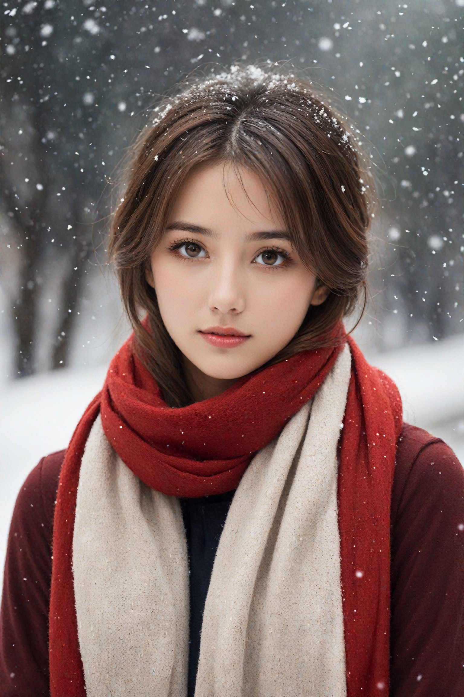 a young woman, cute, 21 years old, staring into space, brown hair, brown eyes, red scarf, snowing, realistic, realistic skin texture