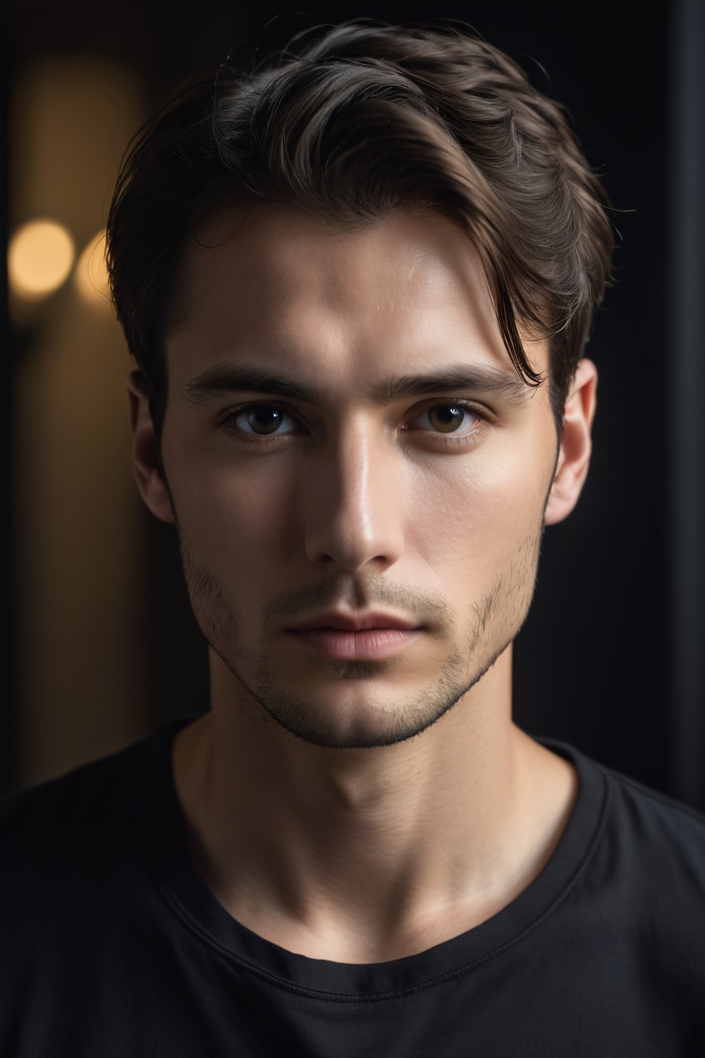 high quality, face portrait photo of 30 y.o european man, wearing black shirt, serious face, detailed face, skin pores, cinematic shot, dramatic lighting