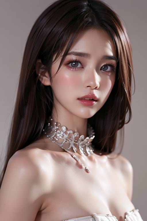 1girl
solo
brown hair
closed mouth
grey background
collar
lips
realistic ,beauty,yui,masterpiece,best quality,lily,mei