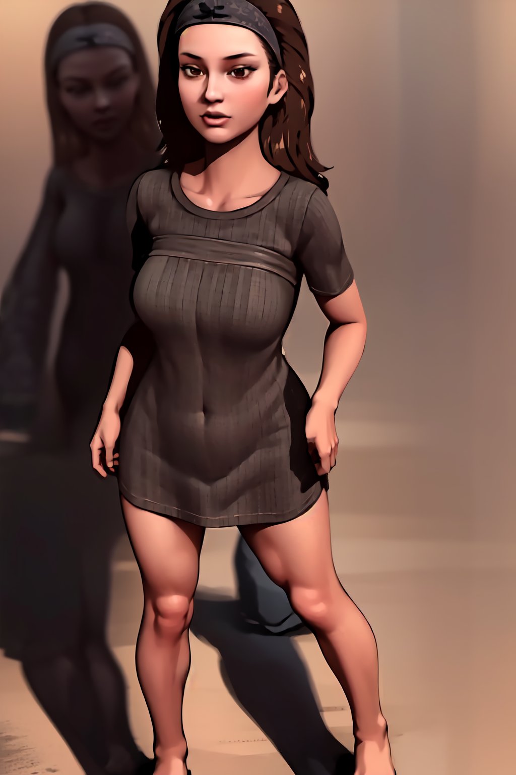 1girl, solo, long hair, brown hair, shirt, dress, brown eyes, full body, short sleeves, realistic, headband , from head to feet , full_body pic