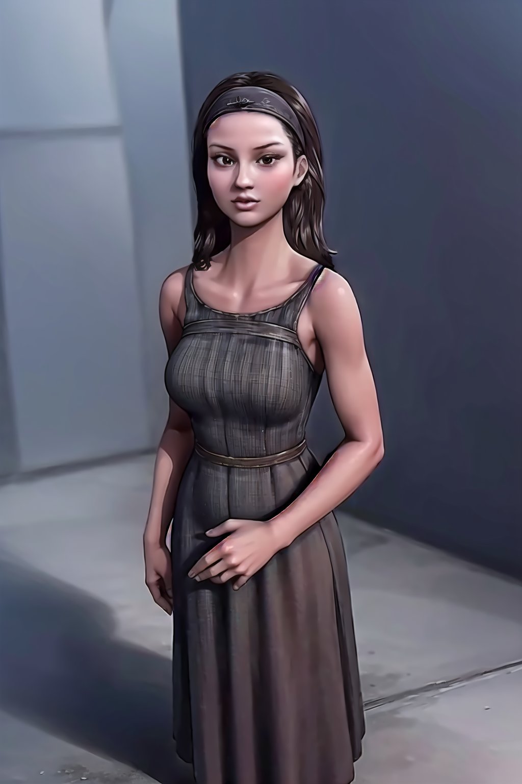 1girl, solo, wearing  long dress, full body pic, headband, brown hairs , realistic ,photorealistic