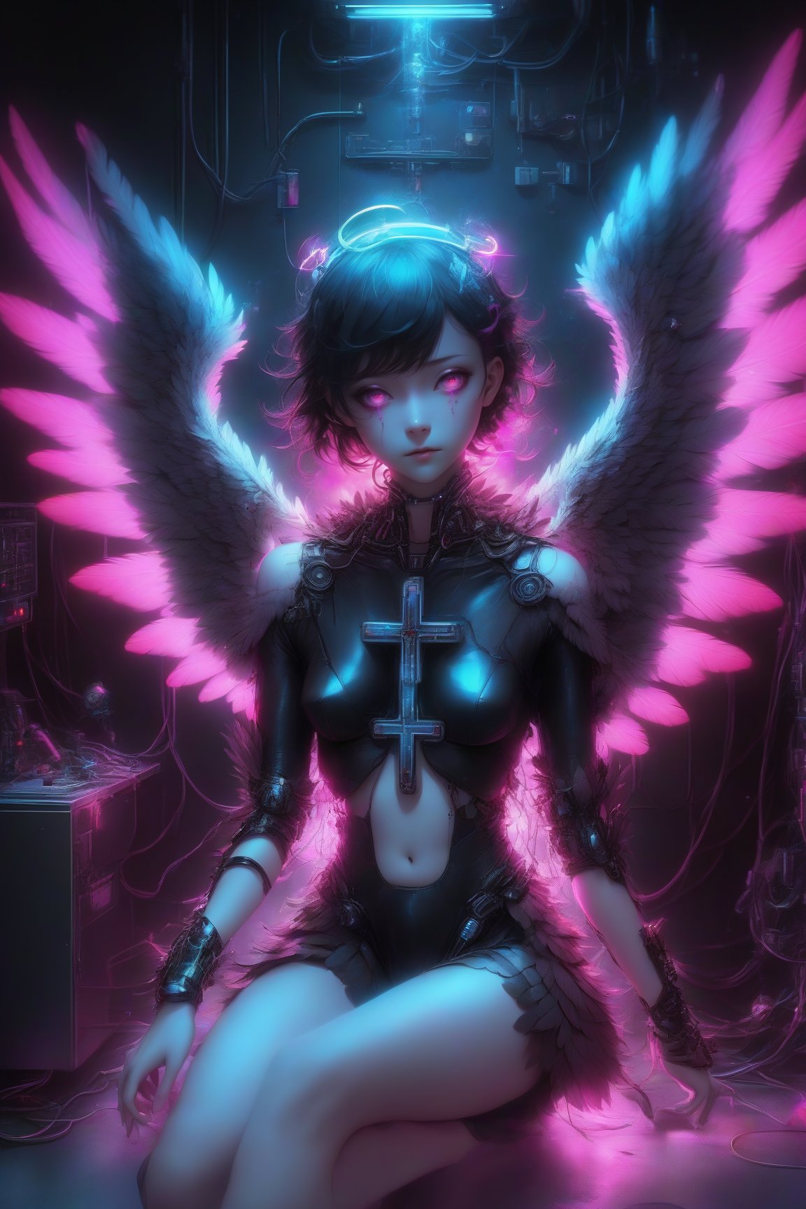 Hiro Crazy Dimension, scifi, dark theme, horror movie, glowing.
1 girl sitting in the dark corner of the room, feather wings, cyborg, tubes, experiment tools, cross